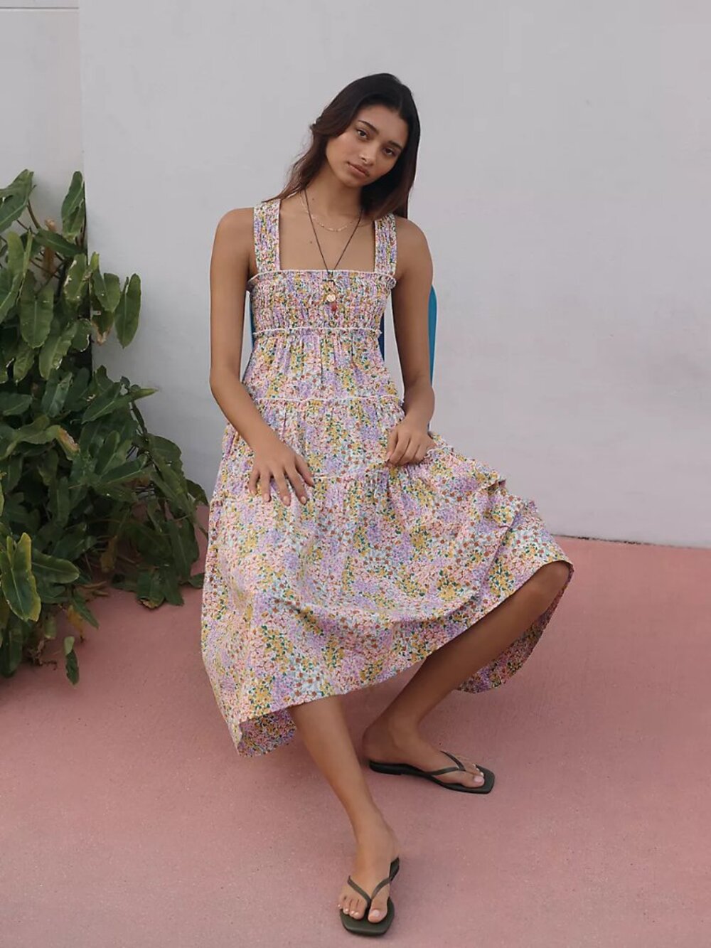 Helena Square-Neck Smocked Tiered Midi Dress
